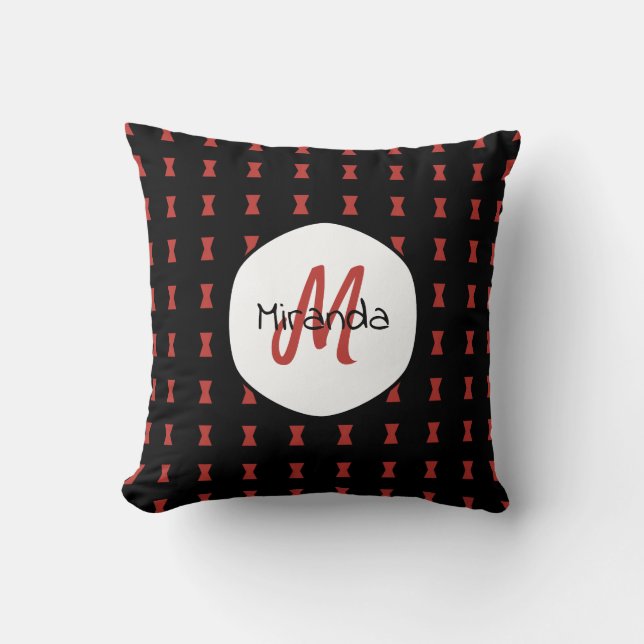 Red Hourglass Black Widow Pattern Monogrammed Name Cushion (Front)