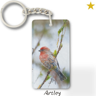 Red House Finch Bird Painting Initial Birdwatcher  Key Ring