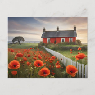Red house in meadow with picket fence postcard