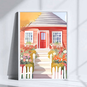 Red House Pretty Watercolor Painting Poster