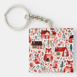 Red houses and houses cute Paper Sheet Key Ring