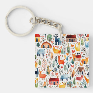 Red houses and houses cute Paper Sheet Key Ring