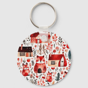 Red houses and houses cute Paper Sheet Key Ring