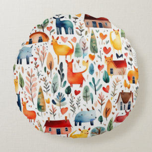 Red houses and houses cute Paper Sheet Round Cushion