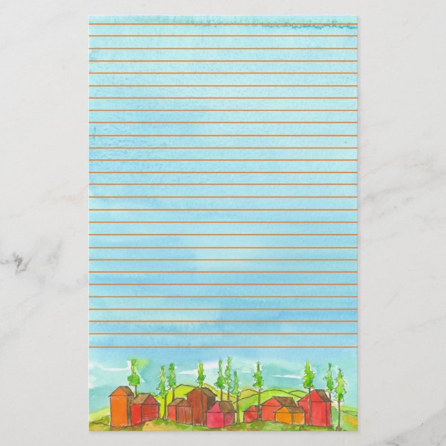 Red Houses Watercolor Lined Stationery (Front)