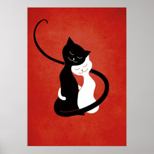 Red Hugging Love Cats Poster
