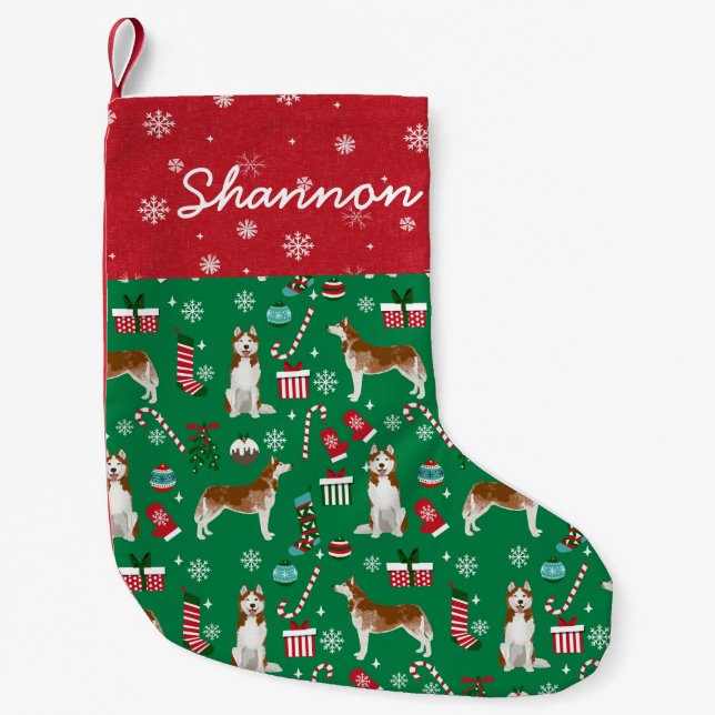 Red Husky Christmas custom dog name Small Christmas Stocking (Front)
