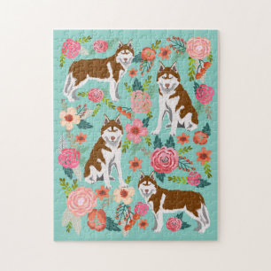Red Husky Dog Vintage Florals Jigsaw Puzzle