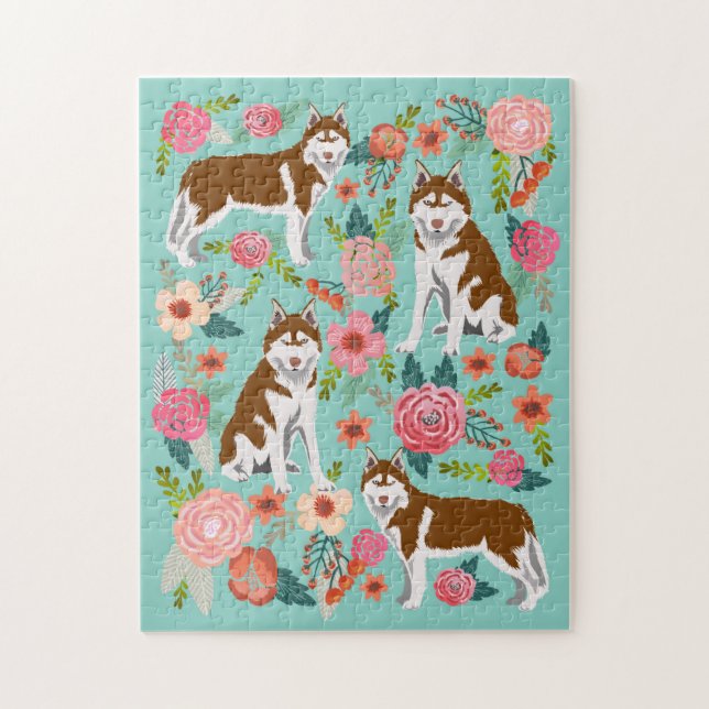 Red Husky Dog Vintage Florals Jigsaw Puzzle (Vertical)