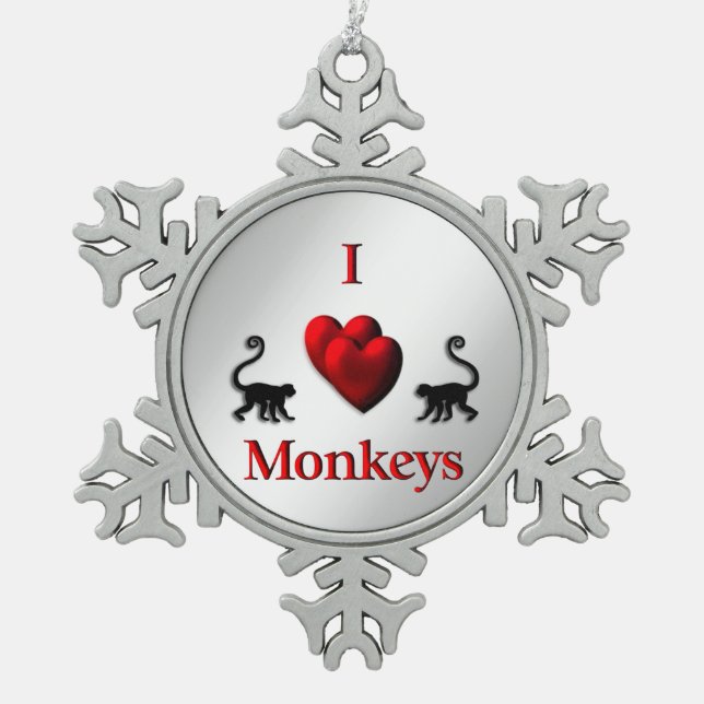 Red I Heart Monkeys Snowflake Pewter Christmas Ornament (Front)