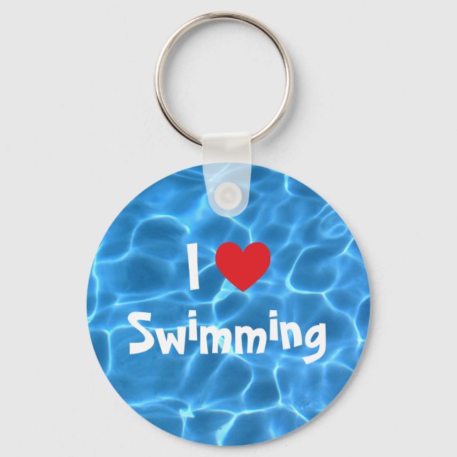 Red I Love Swimming Blue Swimming Pool Key Ring (Front)