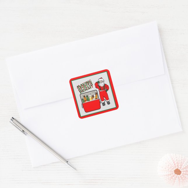 Red Ice Chest With Beer And Santa Square Sticker (Envelope)