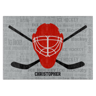 Red Ice Hockey Helmet and Sticks Typography Cutting Board