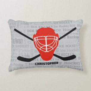 Red Ice Hockey Helmet and Sticks Typography Decorative Cushion