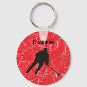 Red ice silhouette hockey player key ring