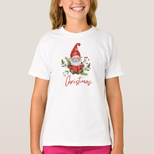 Red Illustrated Cute Gnome Book Reading Christmas  T-Shirt