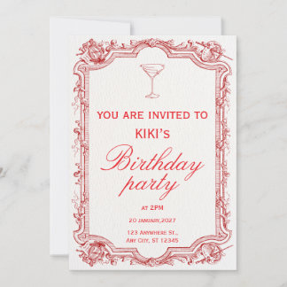 red illustrated vintage birthday party invitation