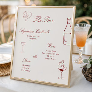 Red Illustrated Whimsical Wedding Bar Menu Poster