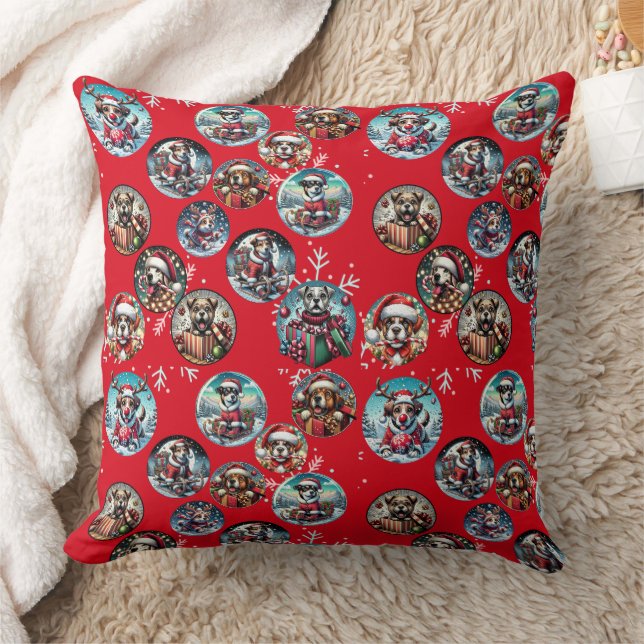 Red illustrative snowflake and dogs Santa gift Cushion (Blanket)