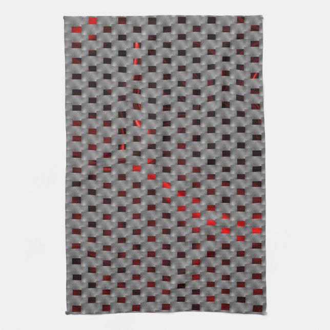 Red image under grey plates, rectangular shapes tea towel (Vertical)