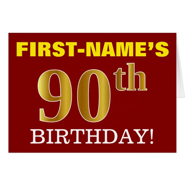 Red, Imitation Gold "90th BIRTHDAY" Birthday Card (Front Horizontal)