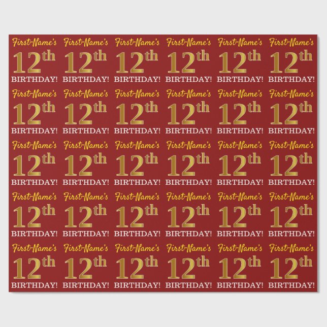 Red, Imitation Gold Look "12th BIRTHDAY" Wrapping Paper (Flat)