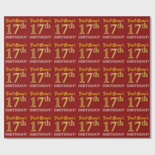 Red, Imitation Gold Look "17th BIRTHDAY" Wrapping Paper