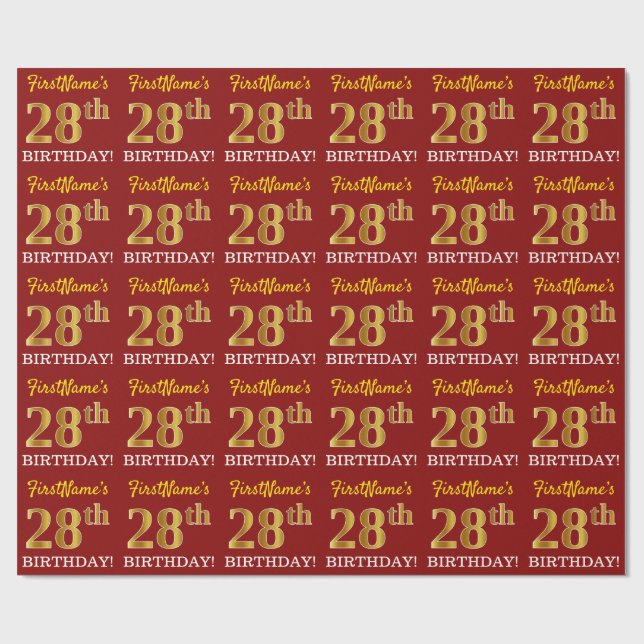 Red, Imitation Gold Look "28th BIRTHDAY" Wrapping Paper (Flat)