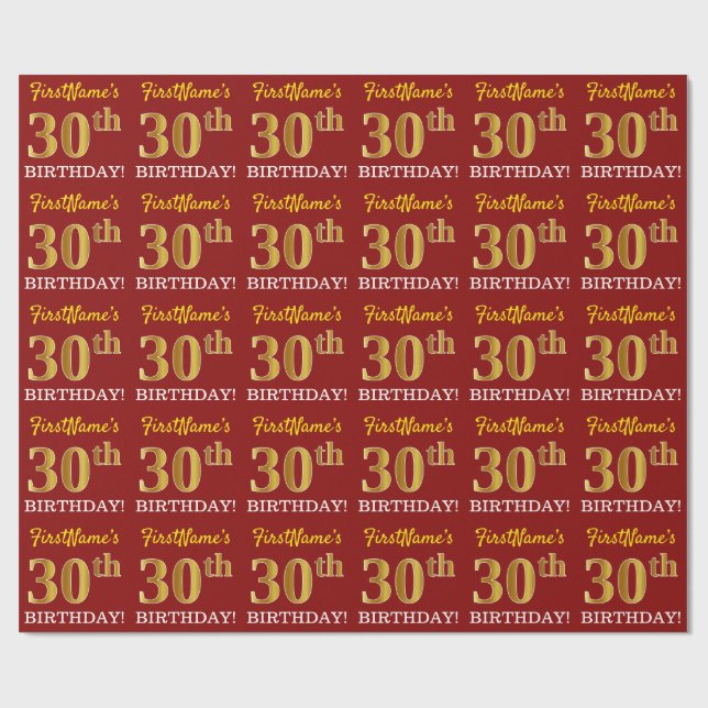 Red, Imitation Gold Look "30th BIRTHDAY" Wrapping Paper (Flat)