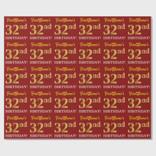Red, Imitation Gold Look "32nd BIRTHDAY" Wrapping Paper