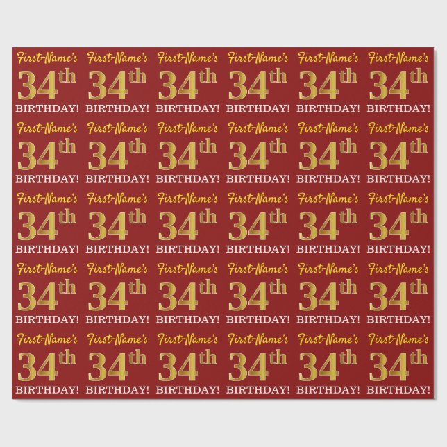 Red, Imitation Gold Look "34th BIRTHDAY" Wrapping Paper (Flat)