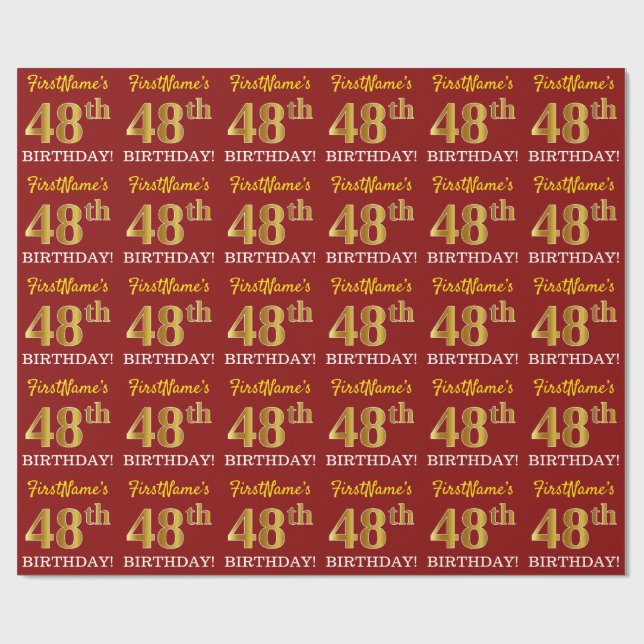 Red, Imitation Gold Look "48th BIRTHDAY" Wrapping Paper (Flat)