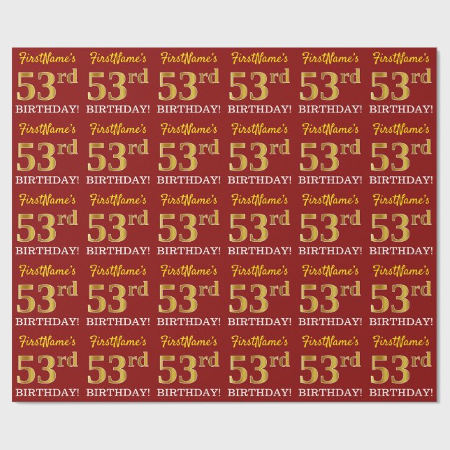 Red, Imitation Gold Look "53rd BIRTHDAY" Wrapping Paper (Flat)
