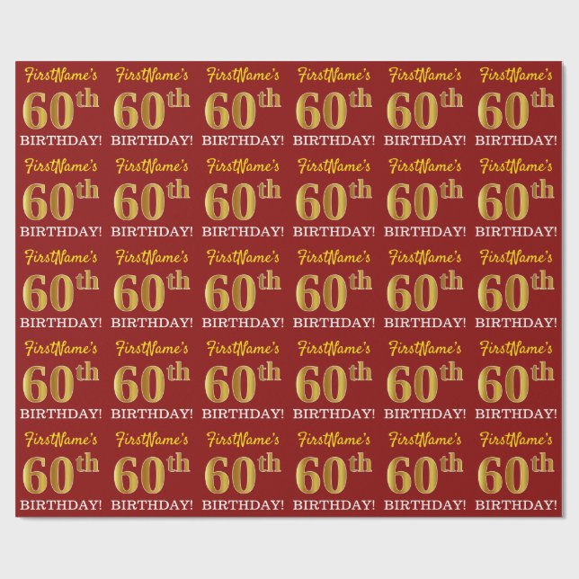 Red, Imitation Gold Look "60th BIRTHDAY" Wrapping Paper (Flat)