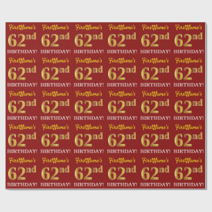 Red, Imitation Gold Look "62nd BIRTHDAY" Wrapping Paper