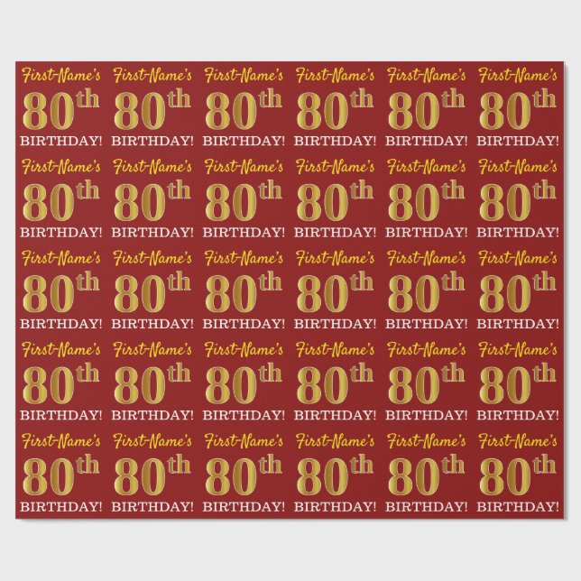 Red, Imitation Gold Look "80th BIRTHDAY" Wrapping Paper (Flat)