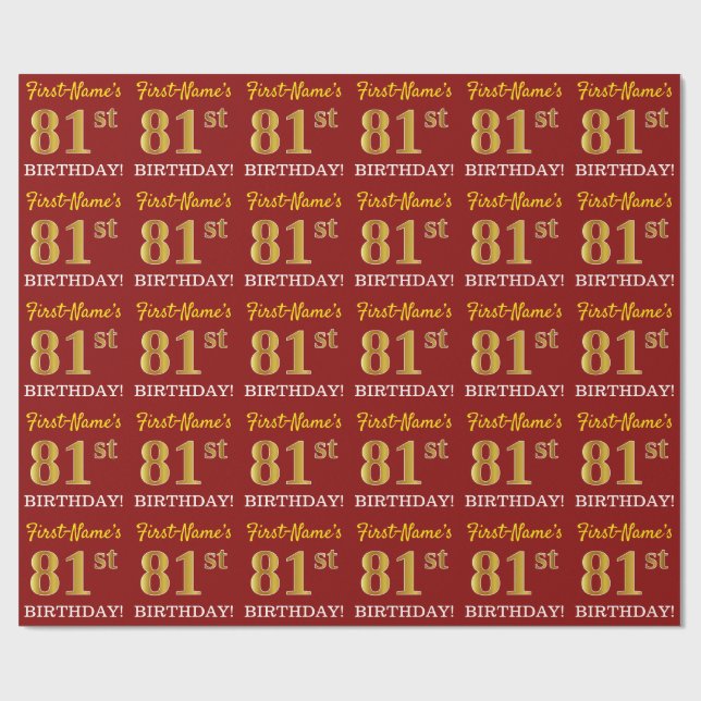 Red, Imitation Gold Look "81st BIRTHDAY" Wrapping Paper (Flat)