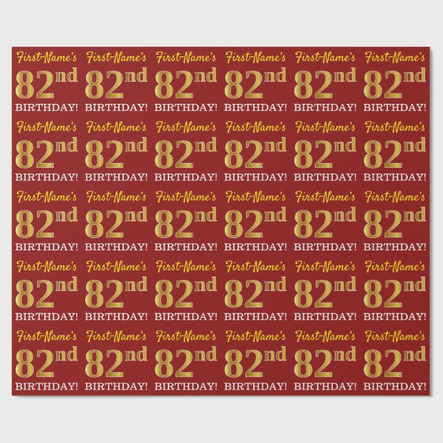 Red, Imitation Gold Look "82nd BIRTHDAY" Wrapping Paper (Flat)
