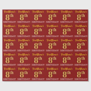 Red, Imitation Gold Look "8th BIRTHDAY" Wrapping Paper
