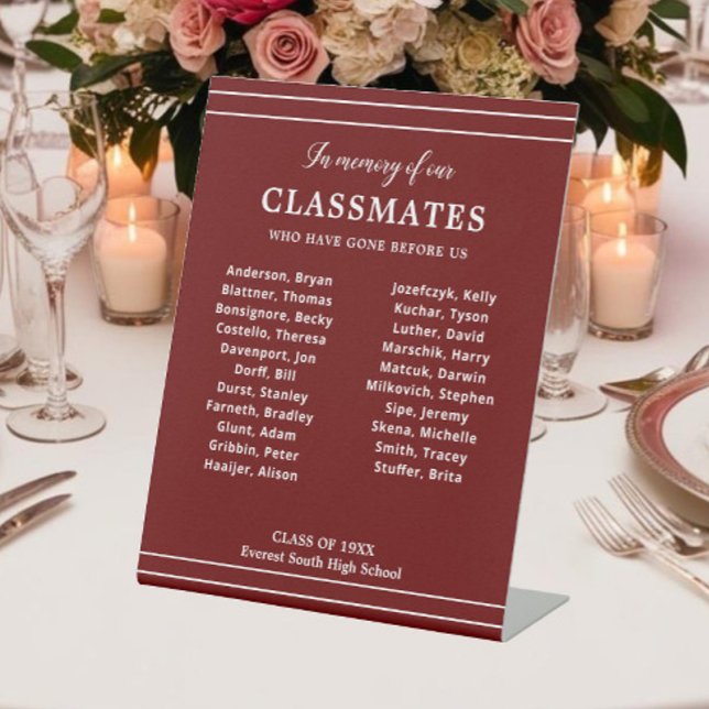 Red In Memory Of Classmates Names Class Reunion Pedestal Sign (Creator Uploaded)