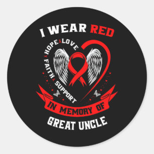 Red In Memory Of Great Uncle Heart Disease Awarene Classic Round Sticker
