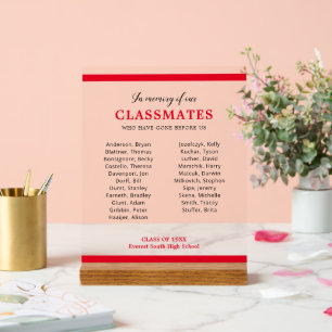 Red In Memory Of Our Classmates Reunion Memorial Acrylic Sign