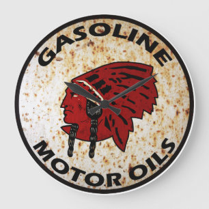 Red Indian Gasoline vintage tin sign clock. Large Clock
