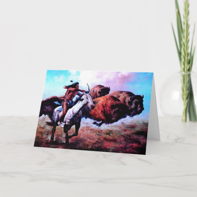 RED INDIAN HUNTING BUFFALO HOLIDAY CARD (Front)