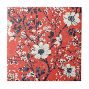 Red Indigo Folk Winter Floral Snow Pattern Tile