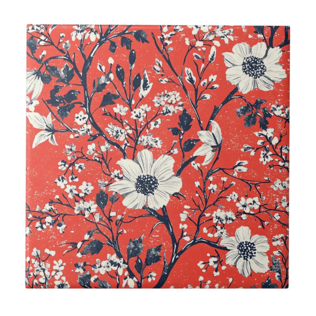 Red Indigo Folk Winter Floral Snow Pattern Tile (Front)