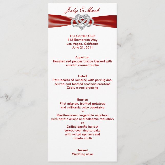 Red Infinity Heart Wedding Menu Card (Front)