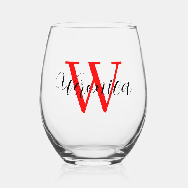 Red Initial and Black Name | Elegant Stemless Wine Glass (Front)