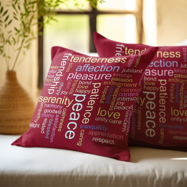 Red Inspirational Peace and Love Word Cloud Cushion (Creator Uploaded)