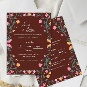 Red Intricate Floral Frame Wedding Invitation
